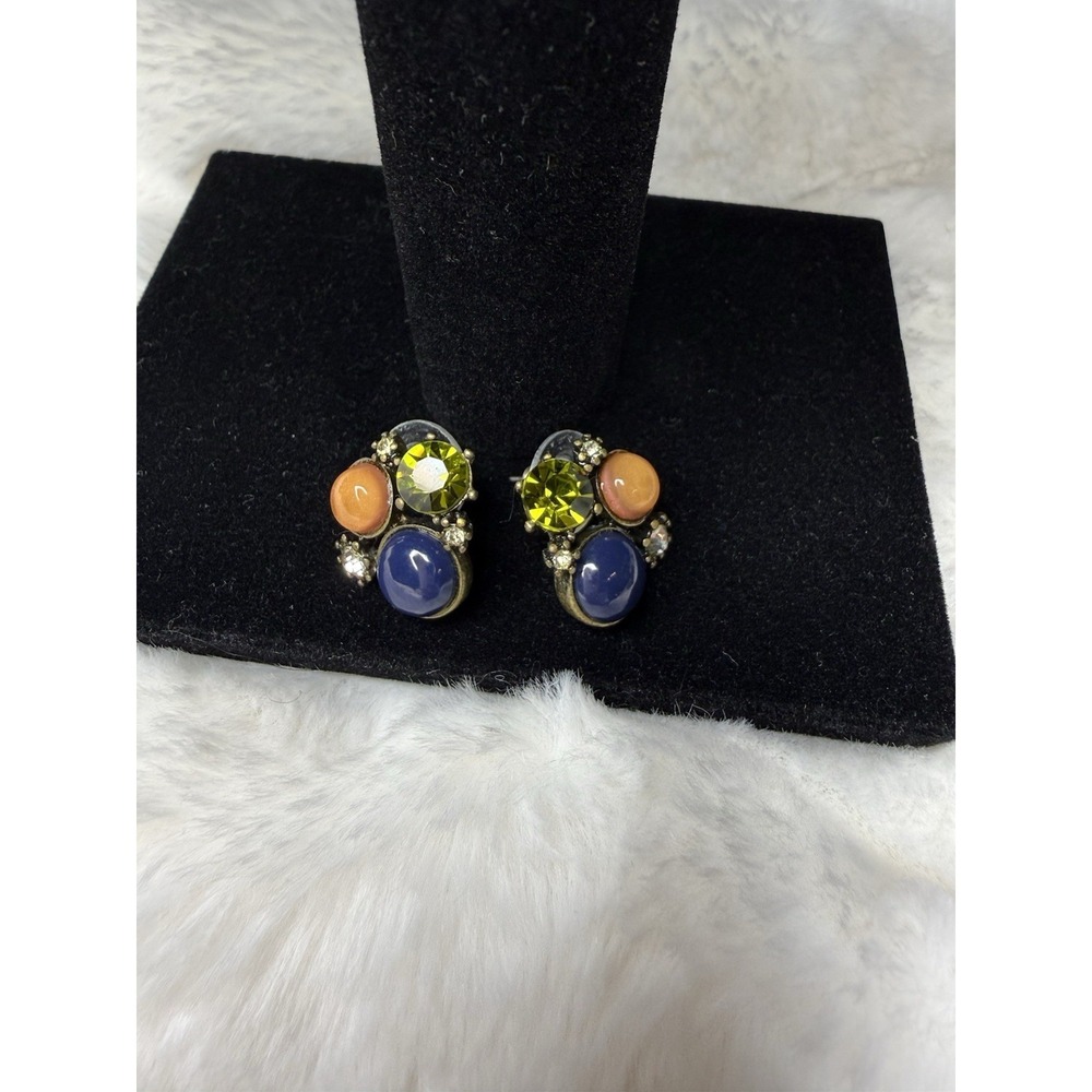 Vintage Style Earrings Brass Tone Blue Green Coral Color Stones Costume Jewelry